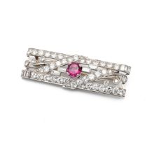 An Art Deco style Platinum, gold, ruby and diamond geometric rectangular brooch, set with round b...