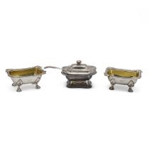 A pair of George III silver salts, each with a gilt interior and standing on paw feet, along with...