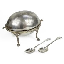 A silver plated warming meat serving warmer/plate, the front section engraved with ferns and stan...