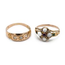 A 19th century yellow gold gem set ring, set with a ruby, emeralds, opals and diamonds, foliate s...