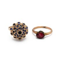 A yellow gold and sapphire bombe cluster ring, size M1/2, total gross weight approximately 7.2g, ...