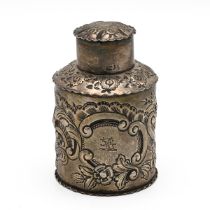 A Victorian silver tea embossed caddy, the cartouche engraved with a lion armorial, Birmingham 18...