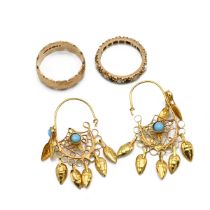 A pair of gold and turquoise earrings, each with a leaf drops, tested as 18ct gold 4.63 grams, al...