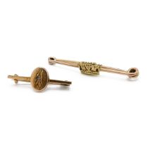 A 14ct yellow gold bar brooch, applied with a coronet; and a 15ct gold and diamond chip bar brooc...