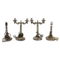 Four vintage silver plated lamp bases from a Royal Navy Officers' Mess circa 1930's. Each bears a...