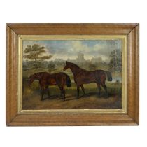 English School, 19th Century - Two Chestnut Horses in a Landscape before a River, with a View of ...