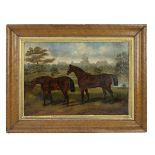 English School, 19th Century - Two Chestnut Horses in a Landscape before a River, with a View of ...