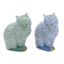 Herend - two Fishnet pattern cats - one in blue, the other green, each with 24ct gold highlights....