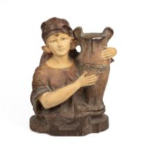 Art Nouveau French ceramic vase in the form of a bust of a young woman holding an amphora. Marks ...