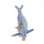 Herend Kangaroo and joey in pouch, with blue fishnet decoration, solid blue tail and joey in rust...