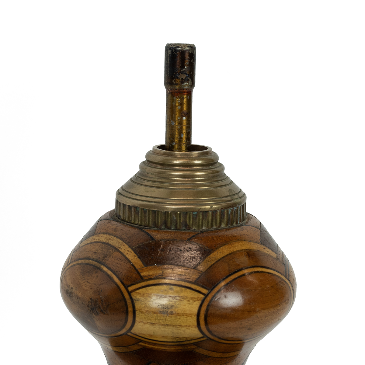 French specimen wood table lamp base c1900. Baluster form turned from multiple timbers, with gilt... - Image 2 of 3
