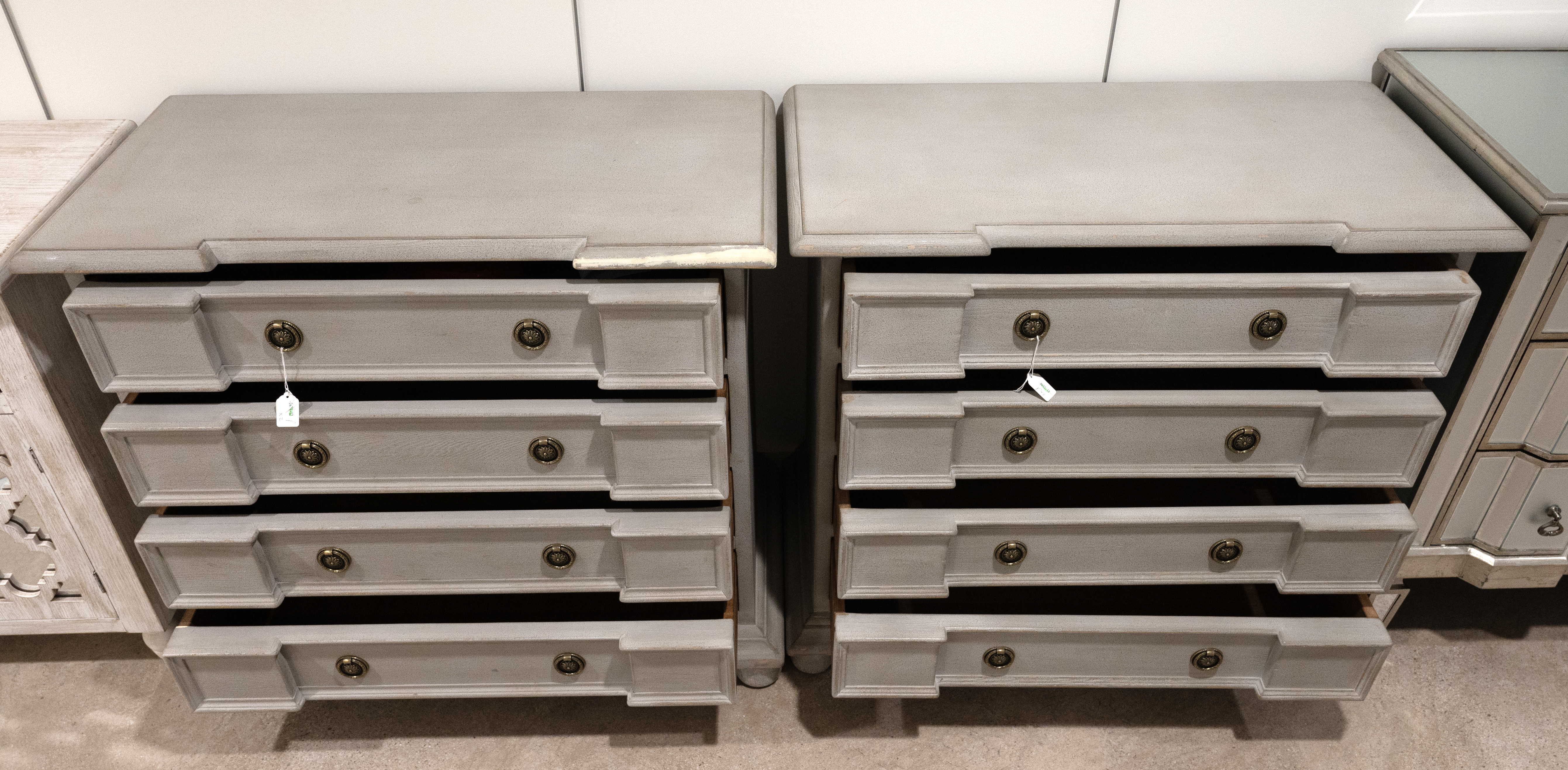 Identical pair of contemporary three drawer inverted breakfront chest of drawers. Solid wood cons... - Image 2 of 4