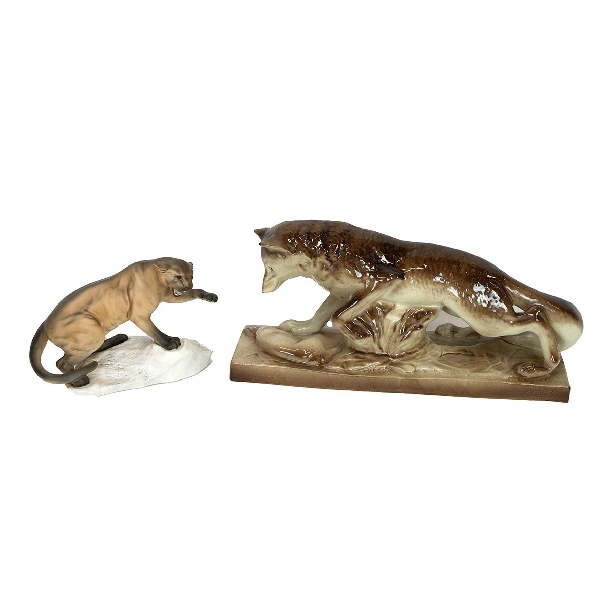 Beswick large bisque glaze figurine of a Cougar in aggressive pose on a white rock (model 1702) h...
