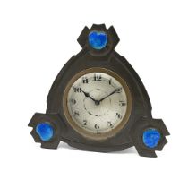 Archibald Knox (1864-1933) for Liberty Desk Clock. Pewter surround with three blue enamel heart s...