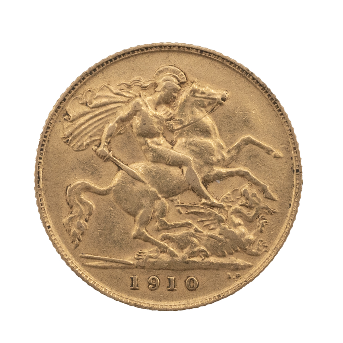 A 1910 half sovereign. (J)