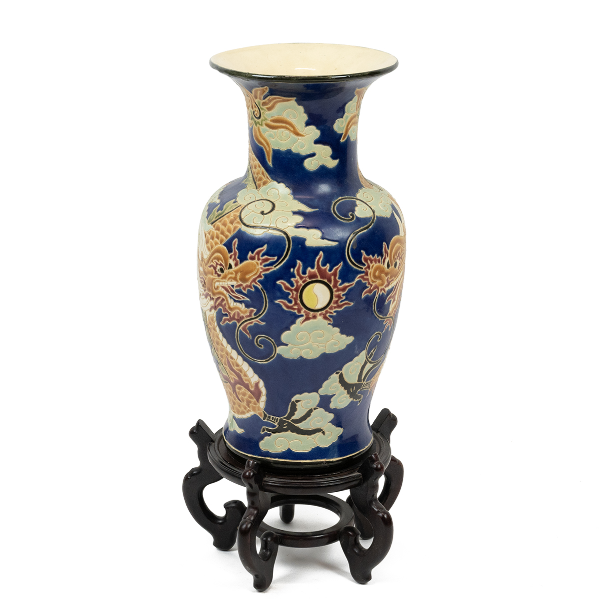 Oriental baluster form floor standing vase with polychrome design depicting a four toed dragon ch... - Image 2 of 3