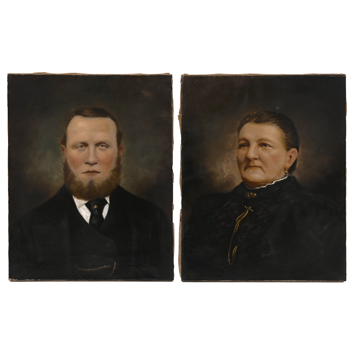 A pair of Victorian overpainted photographs of a Welsh husband and wife, bust length, produced by...
