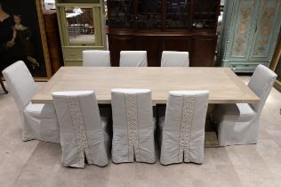 Large contemporary country dining table and 8 chairs. Weathered finish table, seats 8-10 (W 100cm...