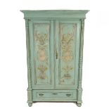 Antique continental two door pine wardrobe with drawer below. Raised decoration to each door, lat...