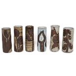 Briglin - a collection of six mid 20th Century pottery vases of cylindrical form all circa 25cm i...