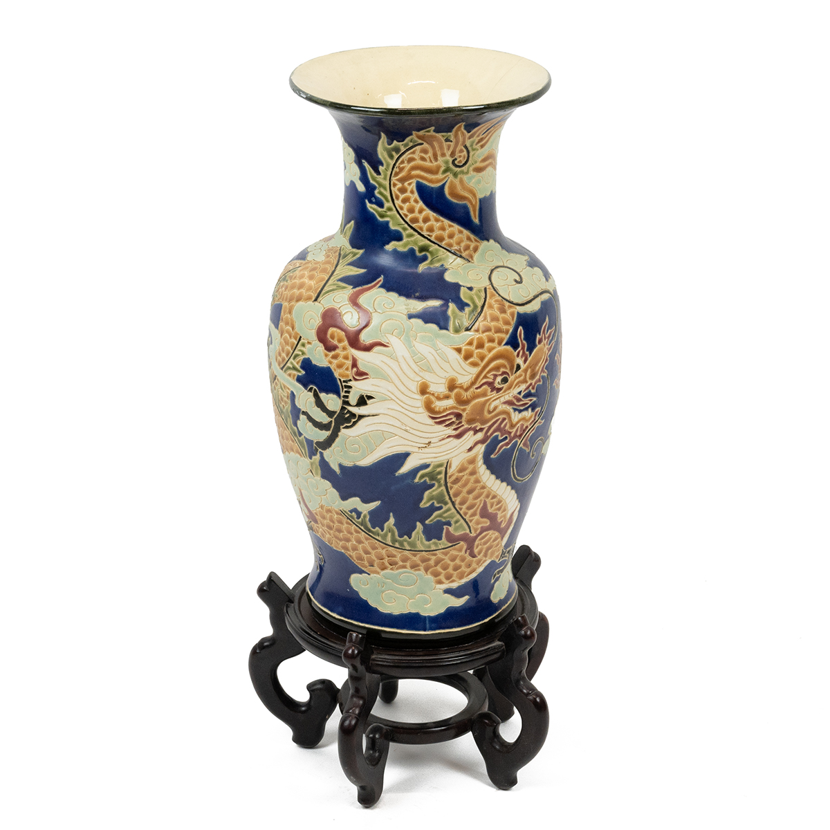 Oriental baluster form floor standing vase with polychrome design depicting a four toed dragon ch...