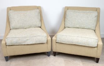 Pair of contemporary linen upholstered lounge chairs. Each W 84cm, D 91cm, H 82cm to back, seat 4...