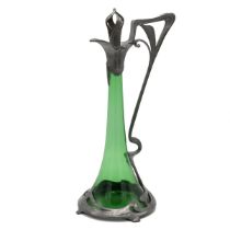 Jugendstil pewter and green glass carafe with clear glass and pewter stopper in the manner of Ori...