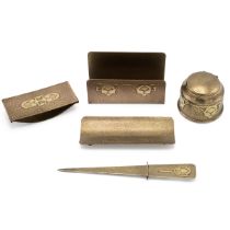 Smith Metal Arts Co SilverCrest decorated bronze 1940s desk set comprising inkwell (with clear gl...