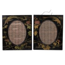 Japanese Meiji Period (1868-1912) pair of wooden picture frames hand painted with flowers and swa...