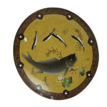 Japanese Meiji period cloisonné charger decorated with Koi carp and other fish and plants in grey...
