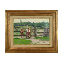 Evgeniy Vsevolodovych Volobuev (1912-2002), Children by a Country gate, oil on canvas laid to boa...