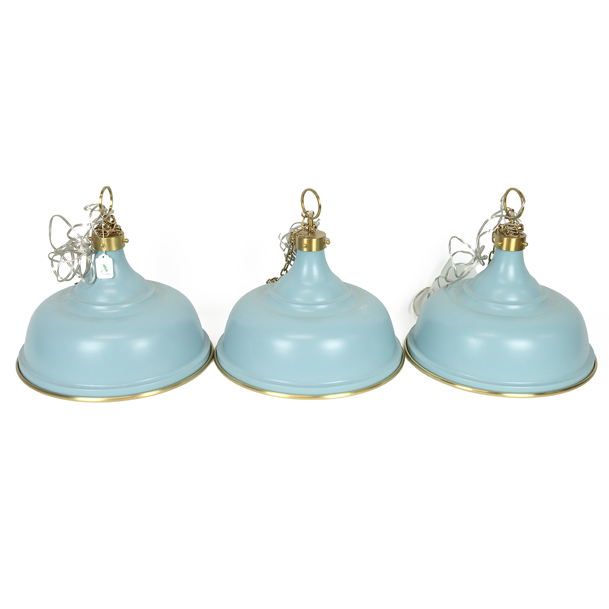 Three lacquered and painted brass pendant lights, shades with duck egg blue outer. Milk white gla...