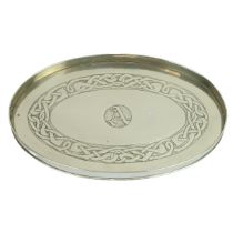 Mary Reid Henderson (1882-1964) white metal galleried tray with Celtic knot embossed design and c...