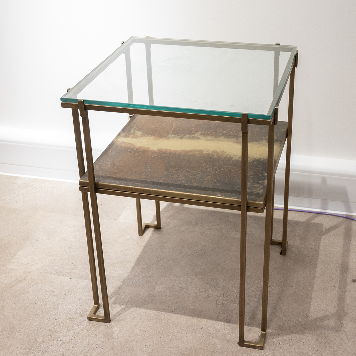 Mid century gilt metal square occasional / coffee table c1950s. Glass top with patinated metal lo...