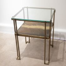 Mid century gilt metal square occasional / coffee table c1950s. Glass top with patinated metal lo...