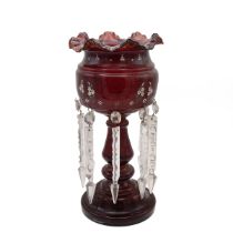 Victorian cranberry glass lustre vase in the form of a bowl with a ruffled rim decorated with whi...
