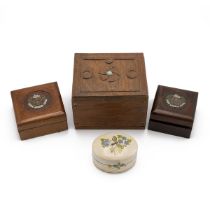 Group of four small vintage handmade boxes. Larger in oak with carved top and cabochon (w 15cm, D...