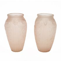 Julius Stolle for Niemen Stolle (Vratislava, Poland) pair of frosted pressed peach glass vases in...