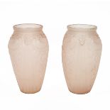 Julius Stolle for Niemen Stolle (Vratislava, Poland) pair of frosted pressed peach glass vases in...