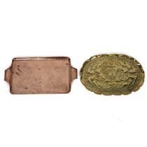 Arts and Crafts trays, the first in plenished copper and of rectangular form with rolling wave ha...