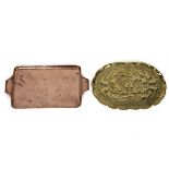 Arts and Crafts trays, the first in plenished copper and of rectangular form with rolling wave ha...