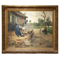 Bernard Koldeweij (Dutch, 1859-1898) - A Dutch Farmer and his Wife paving the Courtyard, oil on c...