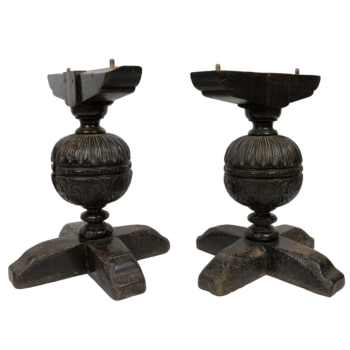 Pair of antique carved oak table bases. Oversized weathered bulbous stems in Elizabethan manner w... - Image 2 of 3