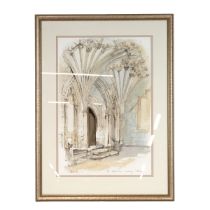 David Arbus (born 1941) - 'The Beckett Door, Canterbury Cathedral', black chalk and watercolour, ...