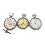 Three pocket watches. The first in a silver case with 0.935 mark above three bears indicating a S...