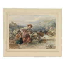 Walter Goodall (1830-1899) - Two Young Girls crossing a River, 1859, watercolour with white heigh...