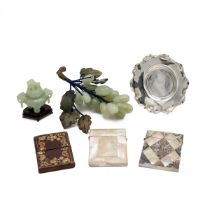 Mixed lot to comprise three card cases, a jade bunch of grapes, a jade covered Giu on stand and a...