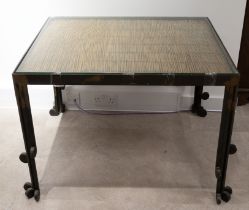 French Art Deco forged iron hall table. Hand wrought and rolled legs with glass top. Bamboo matti...
