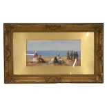 Impressionist style beach scene, oil on canvas paper, unsigned, mount opening 28cm x 13.5cm, fram...