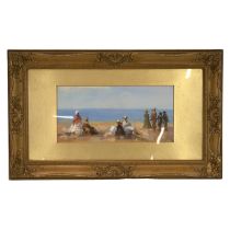 Impressionist style beach scene, oil on canvas paper, unsigned, mount opening 28cm x 13.5cm, fram...